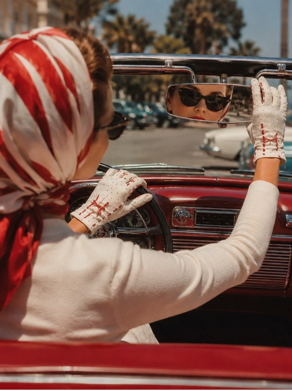 Vintage Mid-Century White Leather Driving Gloves with Red Lacing